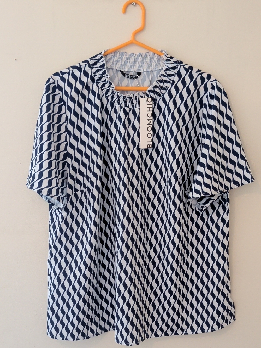 BloomChic Navy & White Wavy-Stripe Short Sleeve Shirt